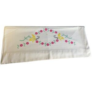 Vintage Hand Embroidered Pillowcase White Cotton Floral Butterfly Design